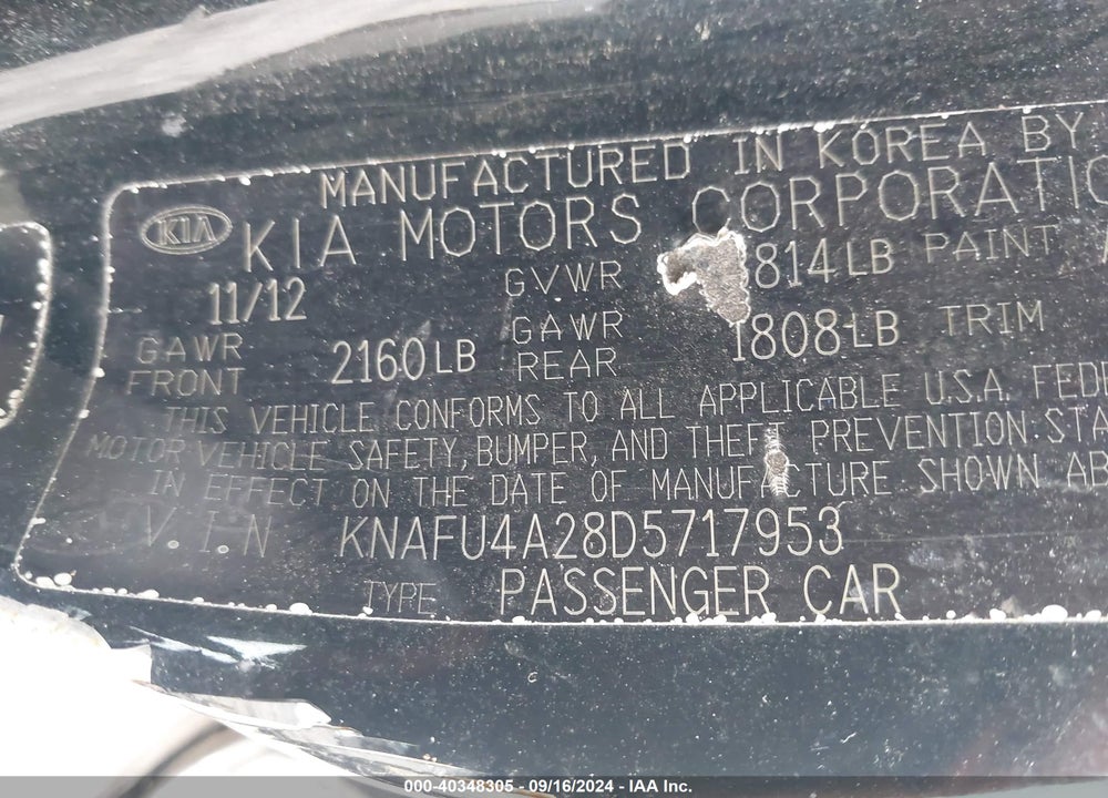 2013 KIA FORTE EX VIN: KNAFU4A28D5717953