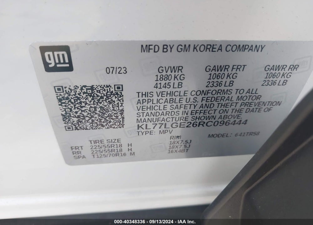 2024 CHEVROLET TRAX FWD 1RS VIN: KL77LGE26RC096444