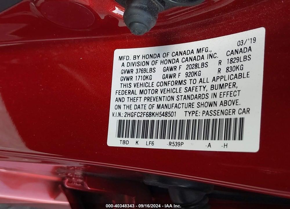 2019 HONDA CIVIC VIN: 2HGFC2F68KH548501
