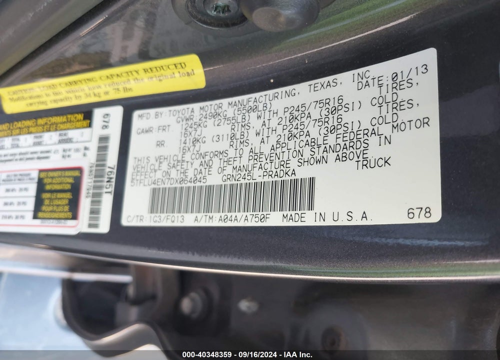 2013 TOYOTA TACOMA BASE V6 VIN: 5TFLU4EN7DX064045