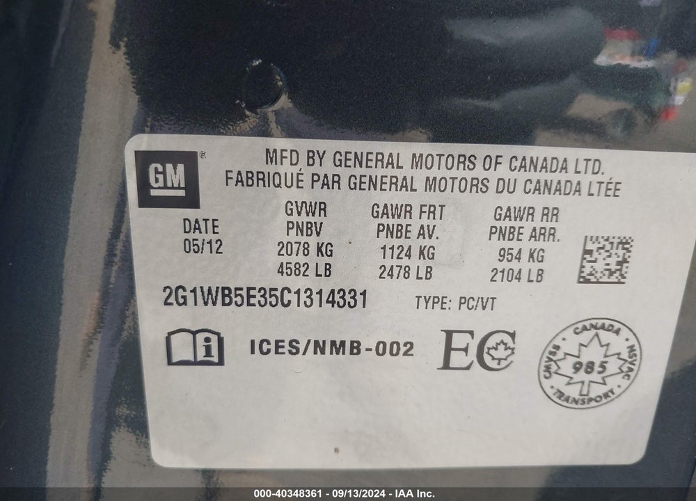 2012 CHEVROLET IMPALA LT VIN: 2G1WB5E35C1314331