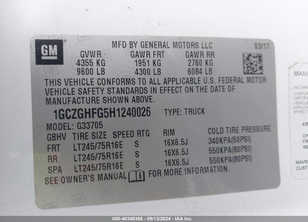2017 CHEVROLET EXPRESS 3500 WORK VAN VIN: 1GCZGHFG5H1240026