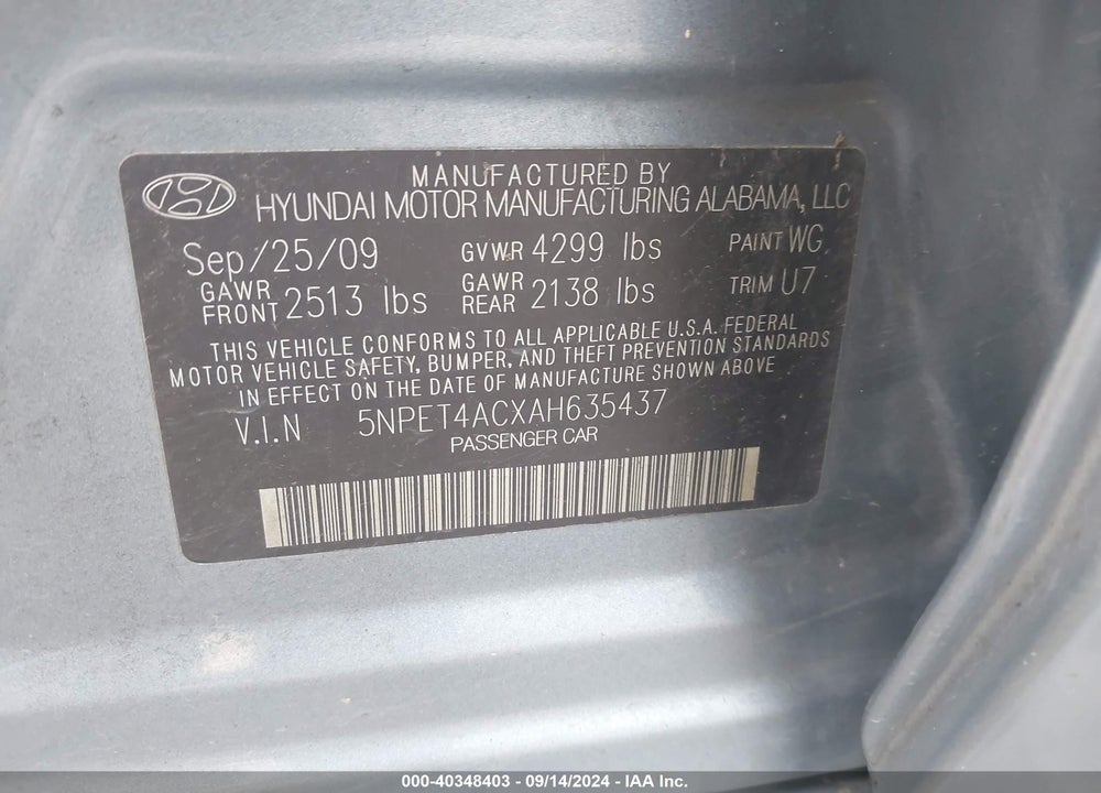 2010 HYUNDAI SONATA GLS VIN: 5NPET4ACXAH635437