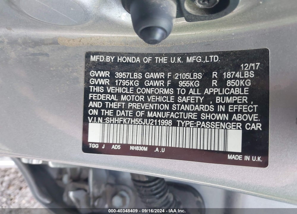 2018 HONDA CIVIC EX VIN: SHHFK7H55JU211998