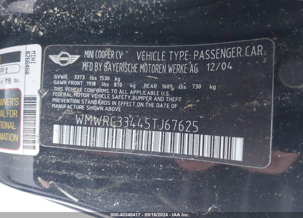2005 MINI COOPER VIN: WMWRC33445TJ67625