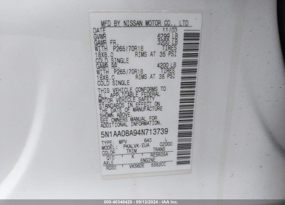 2004 NISSAN PATHFINDER ARMADA LE VIN: 5N1AA08A94N713739