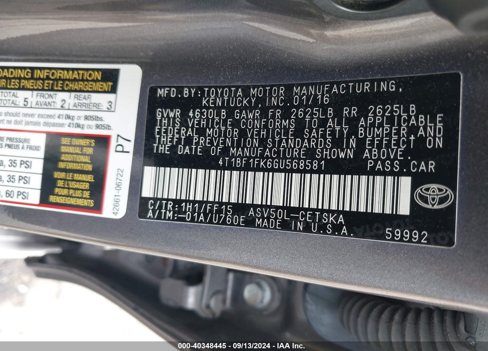 2016 TOYOTA CAMRY SE VIN: 4T1BF1FK6GU568581