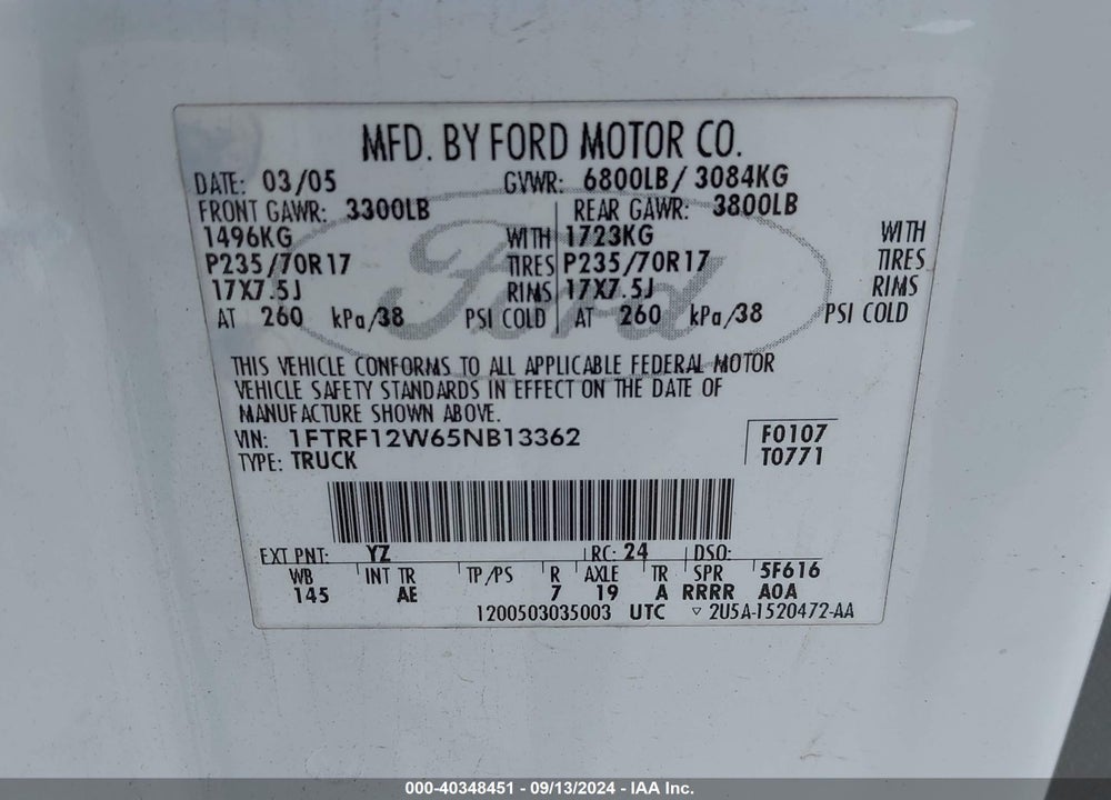 2005 FORD F-150 STX/XL/XLT VIN: 1FTRF12W65NB13362