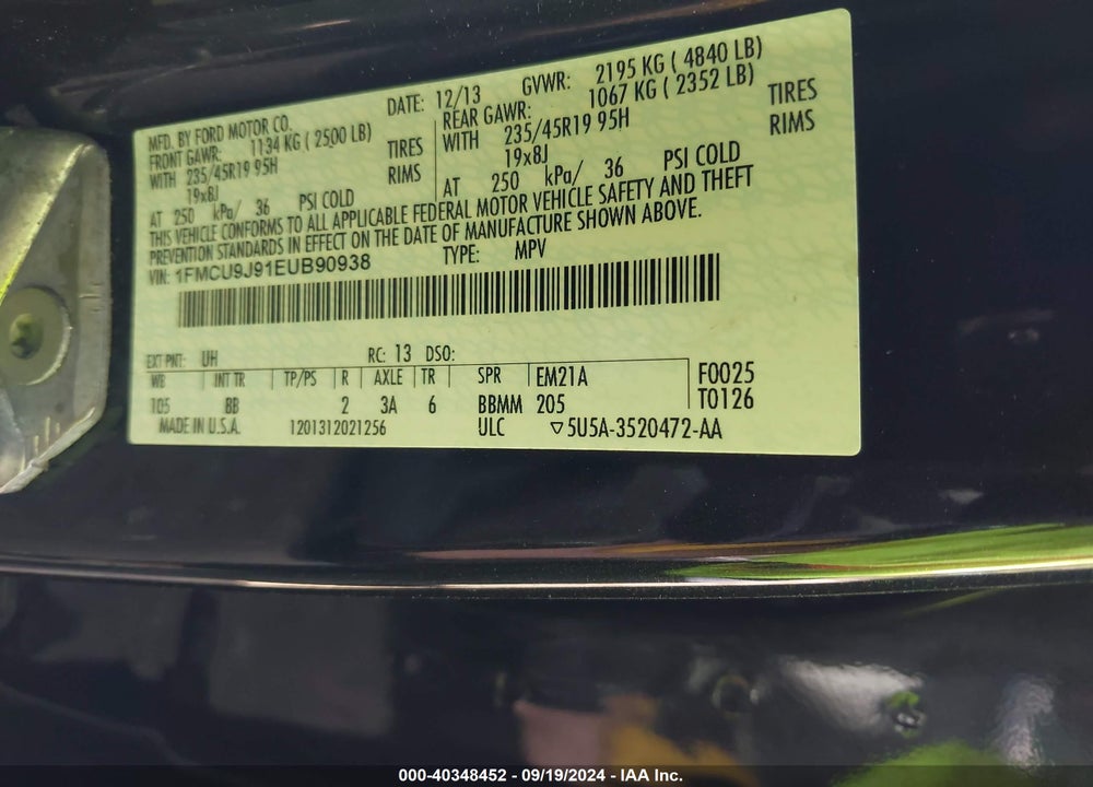 2014 FORD ESCAPE TITANIUM VIN: 1FMCU9J91EUB90938