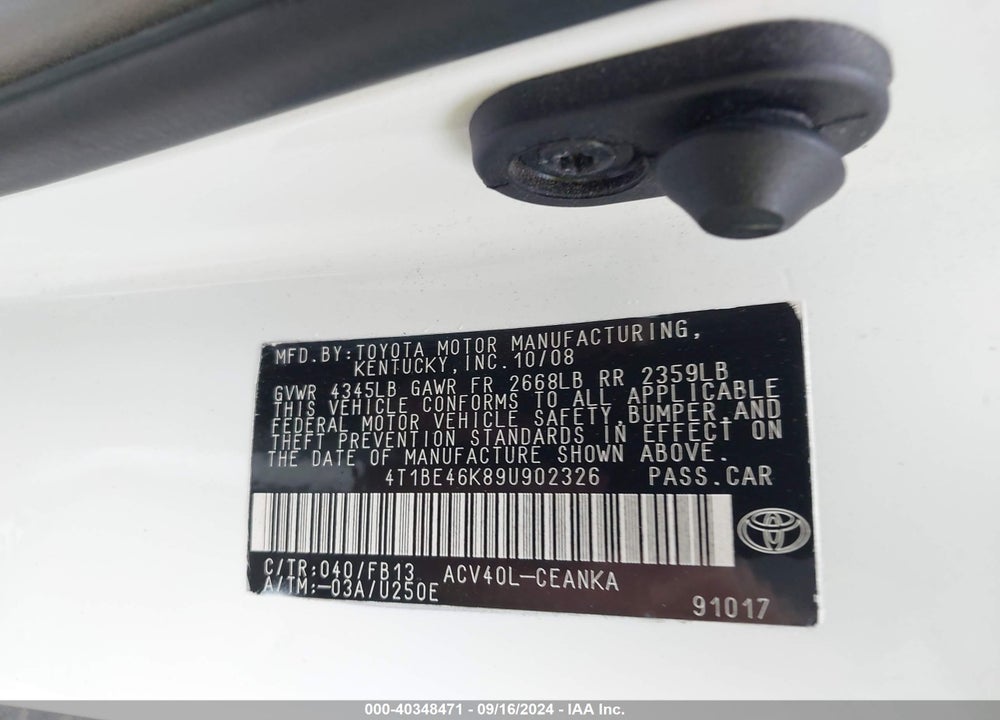 2009 TOYOTA CAMRY LE VIN: 4T1BE46K89U902326