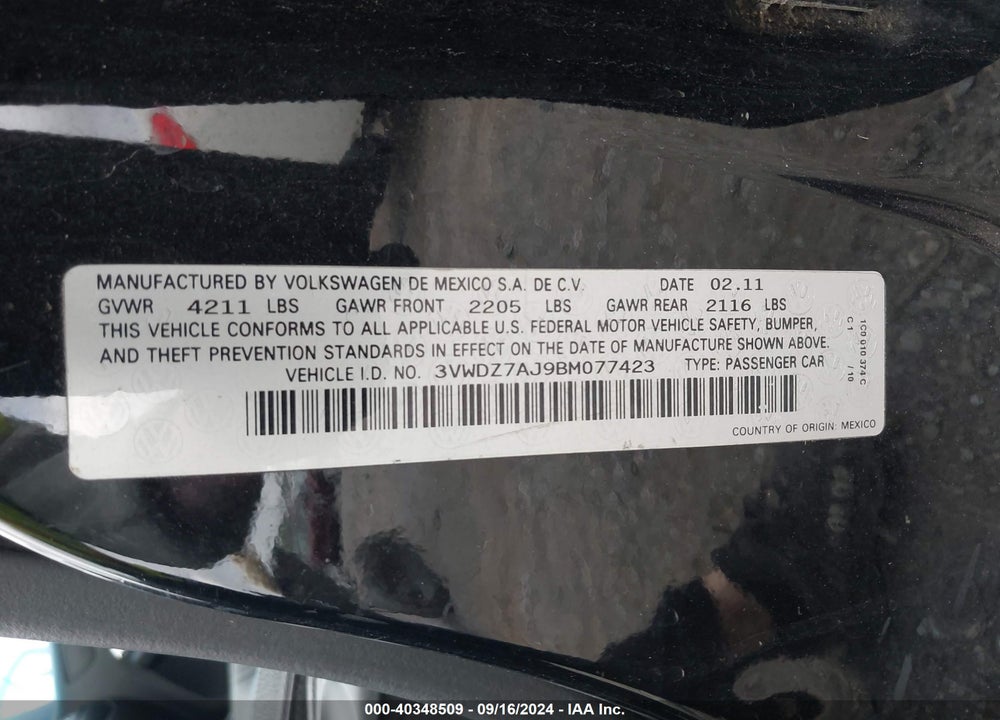 2011 VOLKSWAGEN JETTA 2.5L SE VIN: 3VWDZ7AJ9BM077423