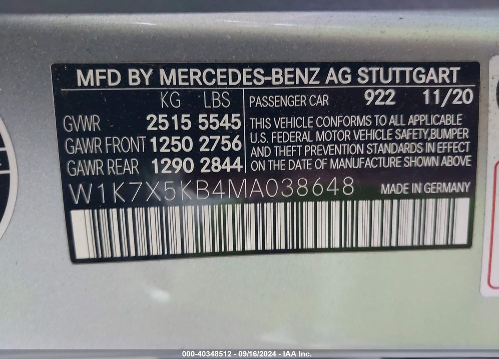 2021 MERCEDES-BENZ AMG GT 43 4-DOOR COUPE VIN: W1K7X5KB4MA038648