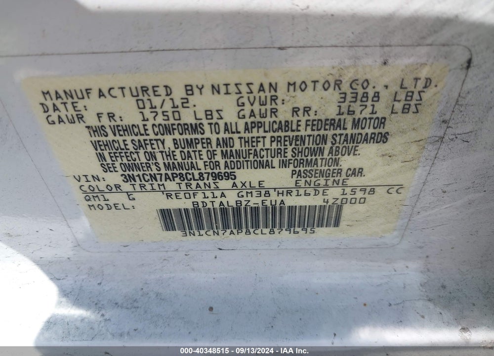 2012 NISSAN VERSA 1.6 SV VIN: 3N1CN7AP8CL879695