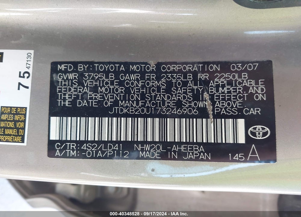 2007 TOYOTA PRIUS VIN: JTDKB20U173246906