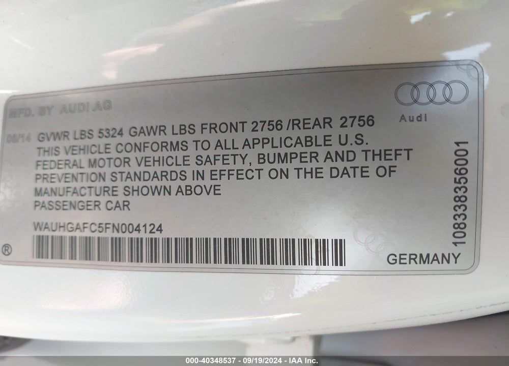 2015 AUDI A6 3.0T PREMIUM PLUS VIN: WAUHGAFC5FN004124