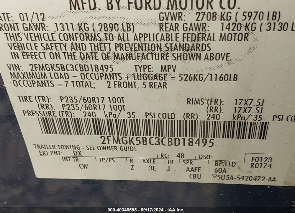 2012 FORD FLEX SE VIN: 2FMGK5BC3CBD18495