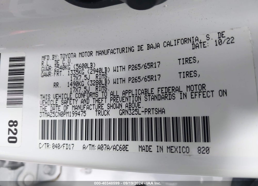 2023 TOYOTA TACOMA TRD SPORT VIN: 3TMAZ5CN0PM199475