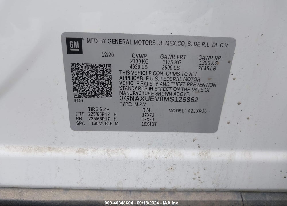 2021 CHEVROLET EQUINOX AWD LT VIN: 3GNAXUEV0MS126862