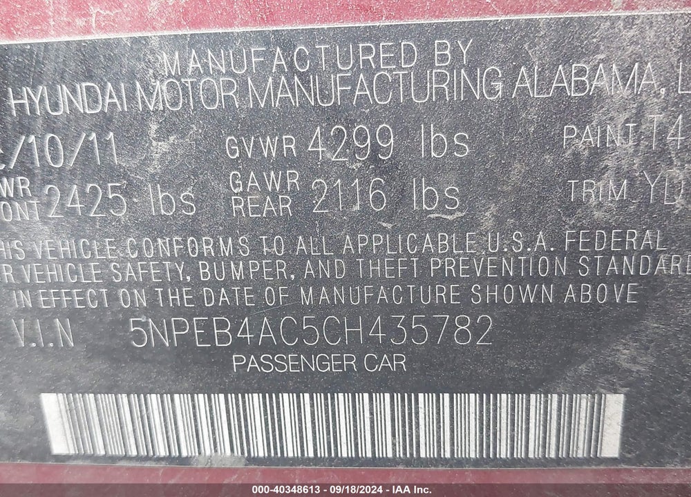 2012 HYUNDAI SONATA GLS VIN: 5NPEB4AC5CH435782