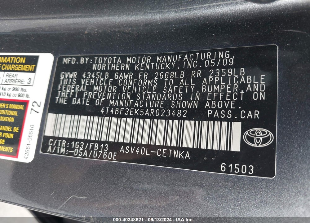 2010 TOYOTA CAMRY LE VIN: 4T4BF3EK5AR023482