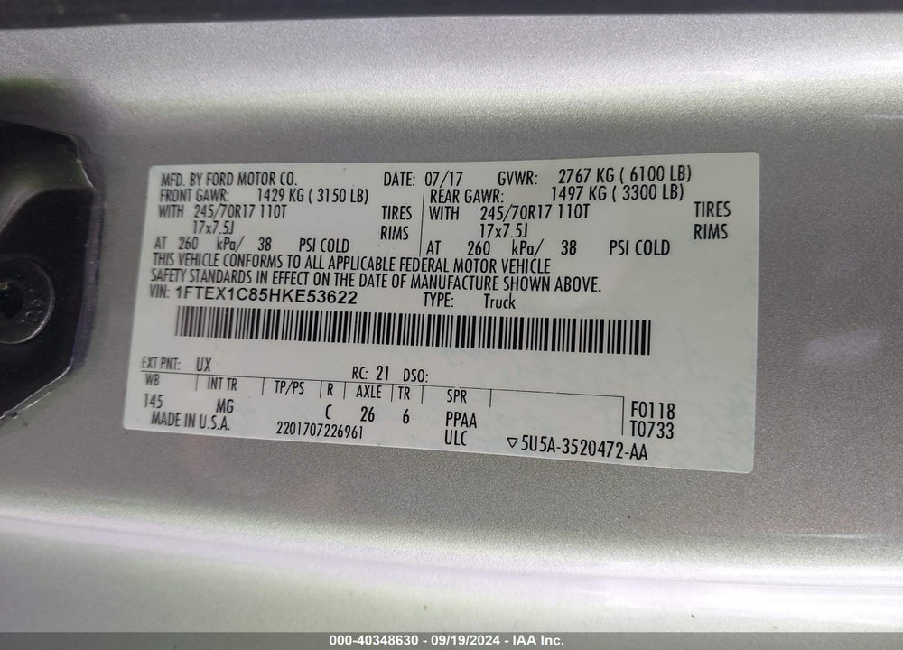 2017 FORD F-150 XLT VIN: 1FTEX1C85HKE53622