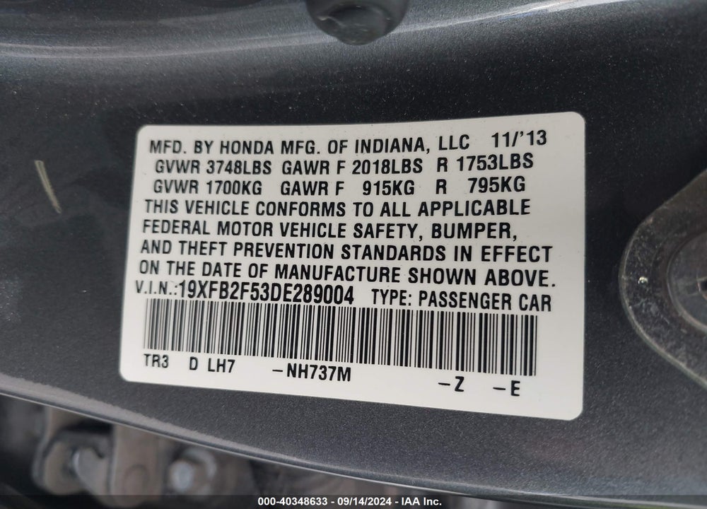 2013 HONDA CIVIC LX VIN: 19XFB2F53DE289004