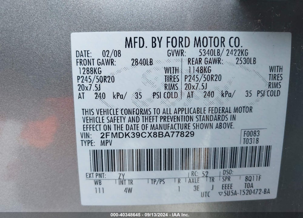 2008 FORD EDGE LIMITED VIN: 2FMDK39CX8BA77829