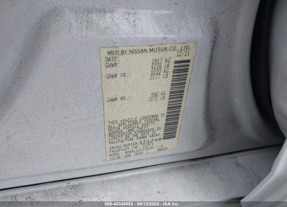 2016 NISSAN ALTIMA 2.5 S VIN: 1N4AL3AP1GN321248