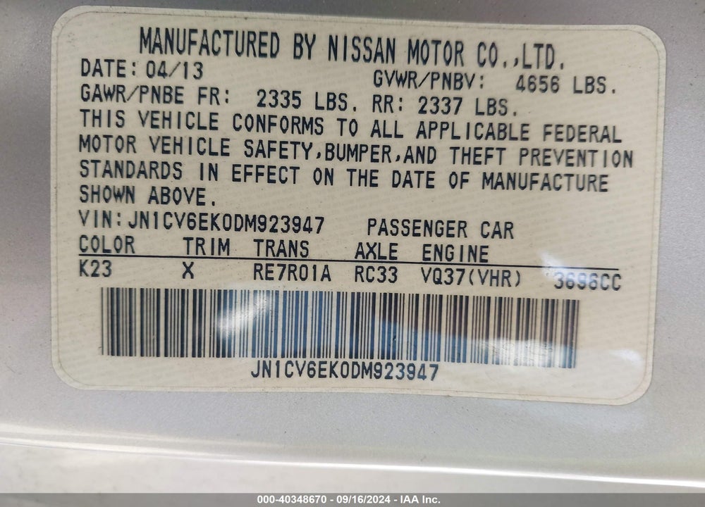 2013 INFINITI G37 JOURNEY VIN: JN1CV6EK0DM923947