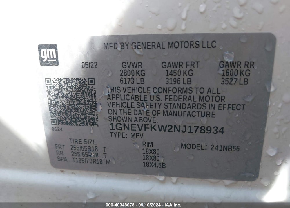 2022 CHEVROLET TRAVERSE AWD LS VIN: 1GNEVFKW2NJ178934