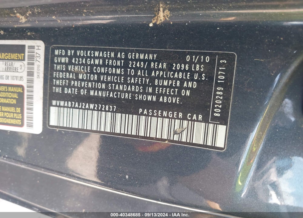 2010 VOLKSWAGEN GOLF 2-DOOR VIN: WVWAB7AJ2AW272837