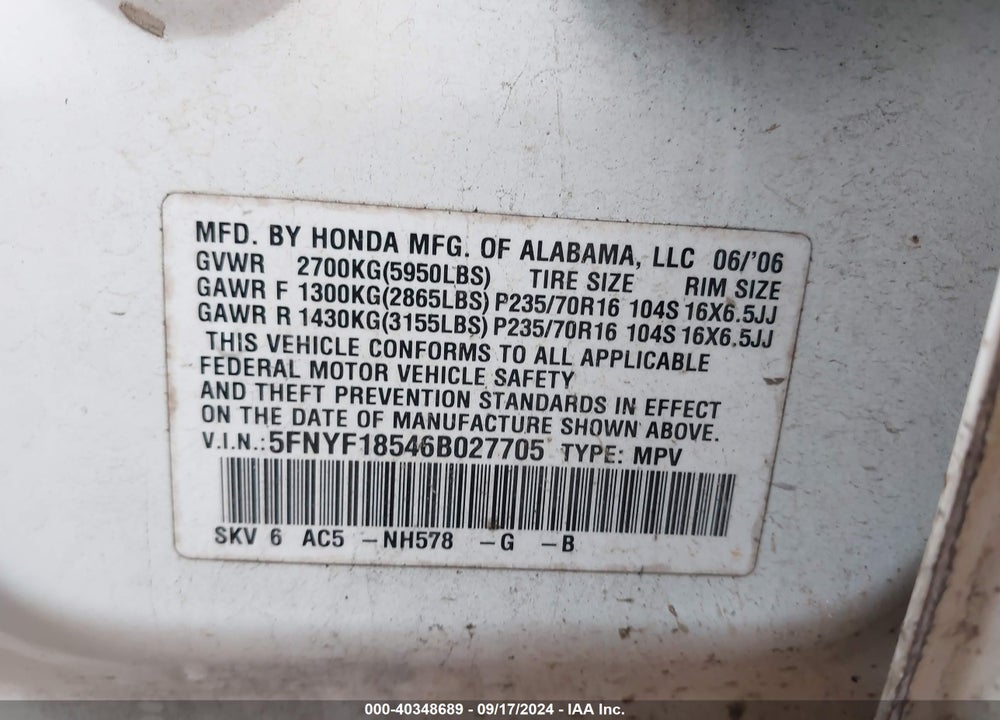 2006 HONDA PILOT EX-L VIN: 5FNYF18546B027705
