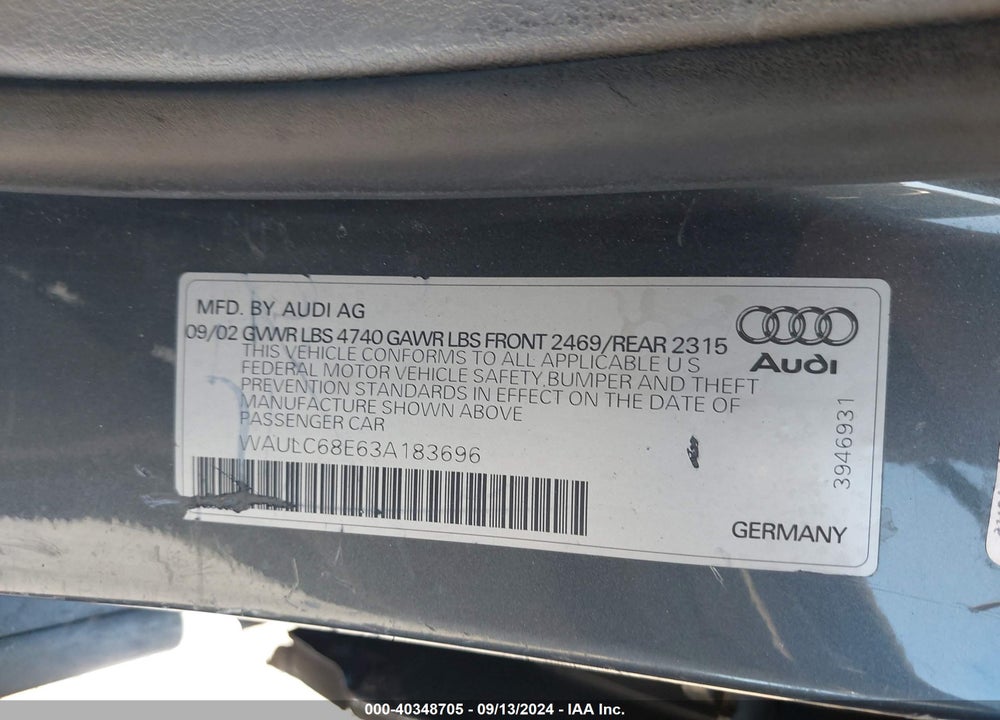 2003 AUDI A4 1.8T VIN: WAULC68E63A183696