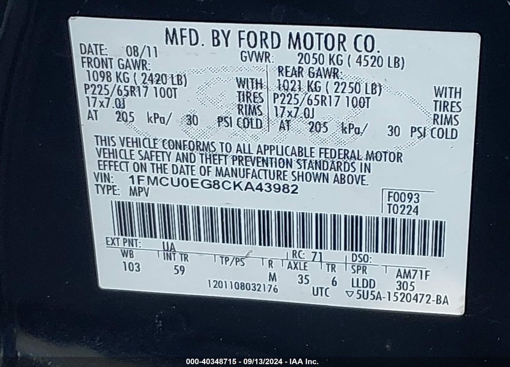 2012 FORD ESCAPE LIMITED VIN: 1FMCU0EG8CKA43982
