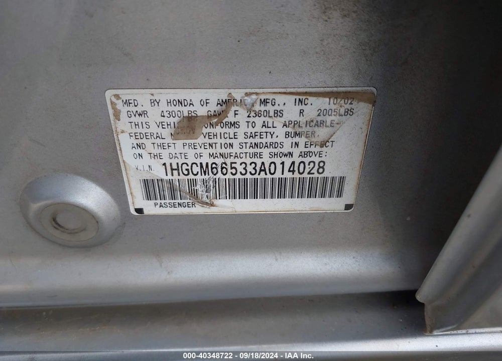 2003 HONDA ACCORD 3.0 EX VIN: 1HGCM66533A014028