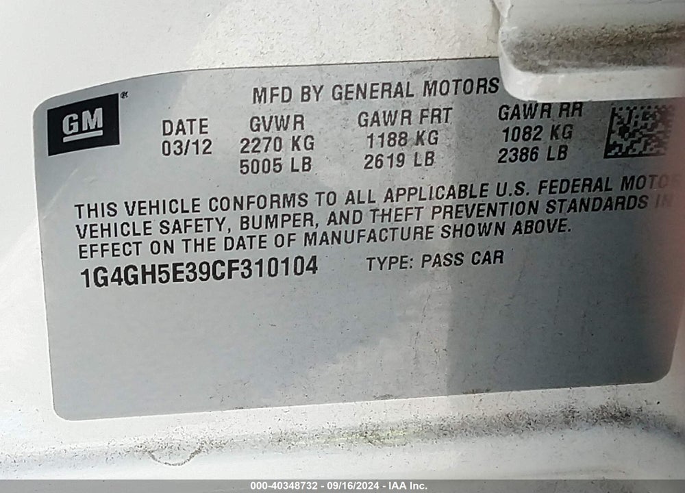 2012 BUICK LACROSSE PREMIUM 3 GROUP VIN: 1G4GH5E39CF310104