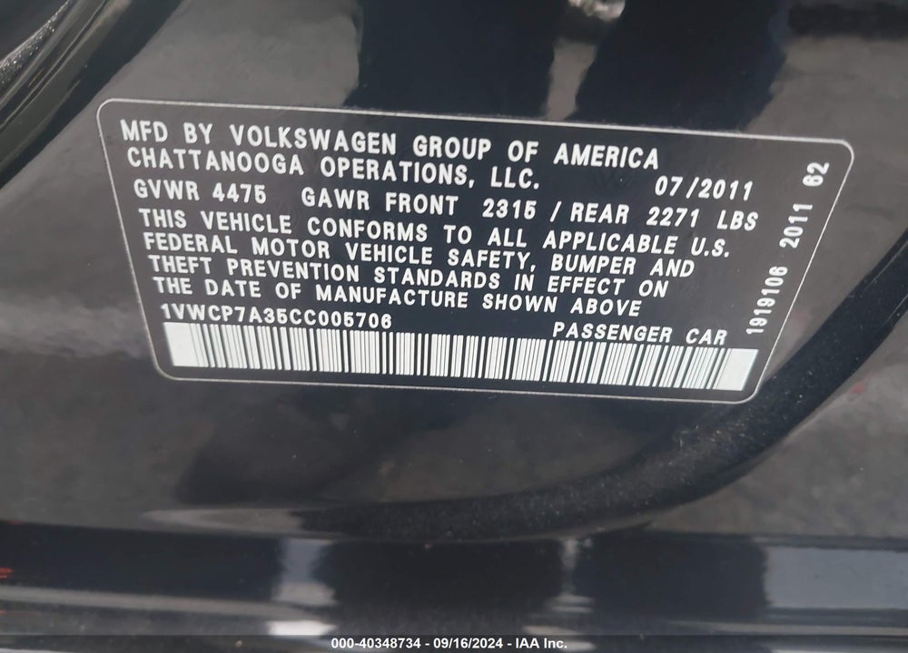 2012 VOLKSWAGEN PASSAT 2.5L SEL PREMIUM VIN: 1VWCP7A35CC005706