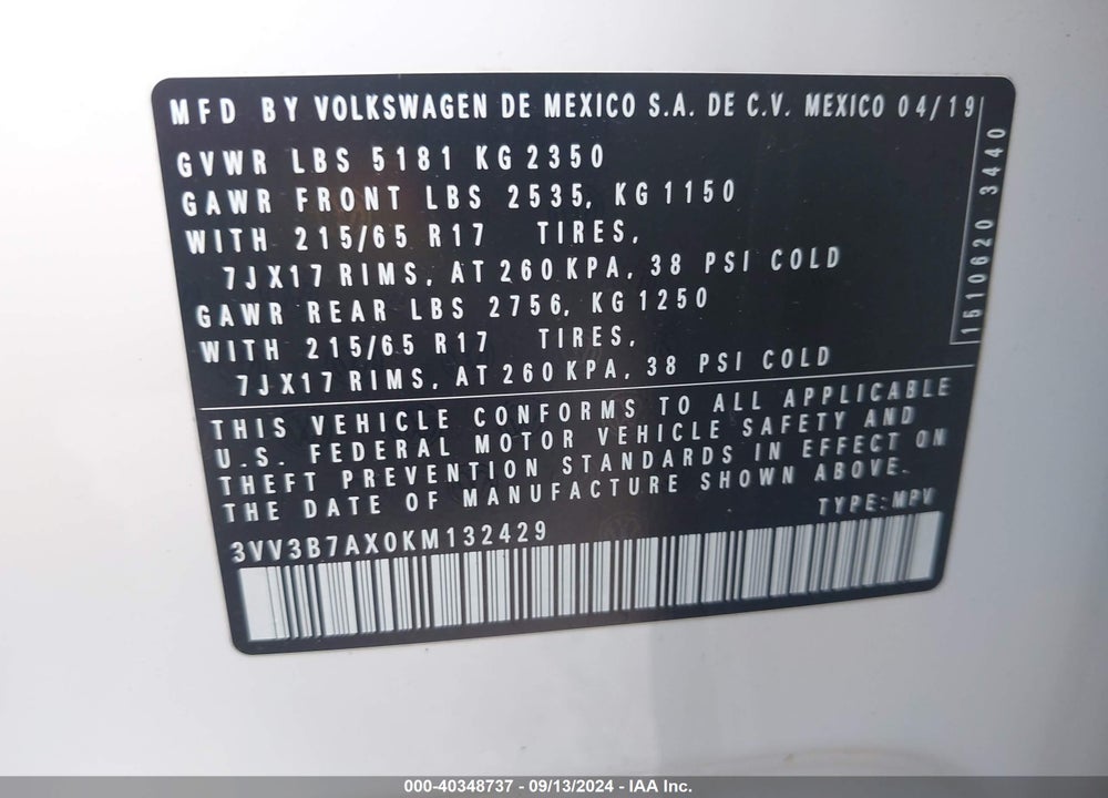 2019 VOLKSWAGEN TIGUAN VIN: 3VV3B7AX0KM132429