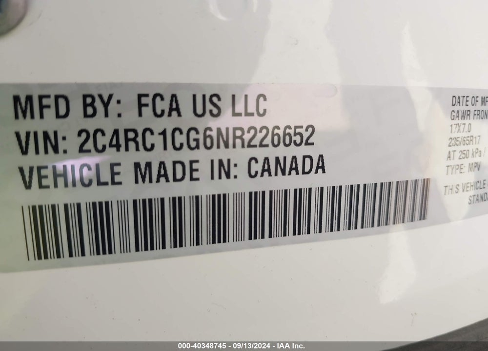 2022 CHRYSLER VOYAGER LX VIN: 2C4RC1CG6NR226652