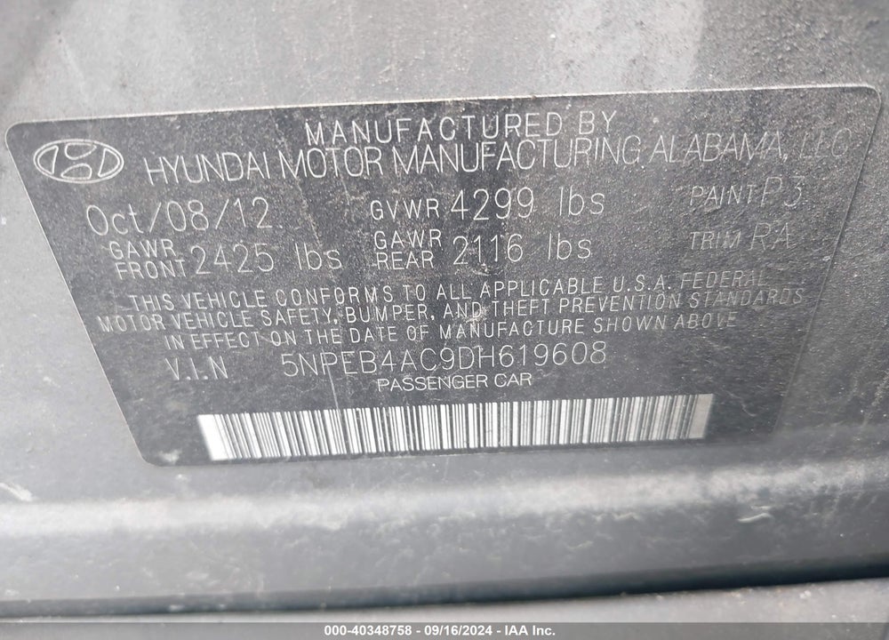 2013 HYUNDAI SONATA VIN: 5NPEB4AC9DH619608