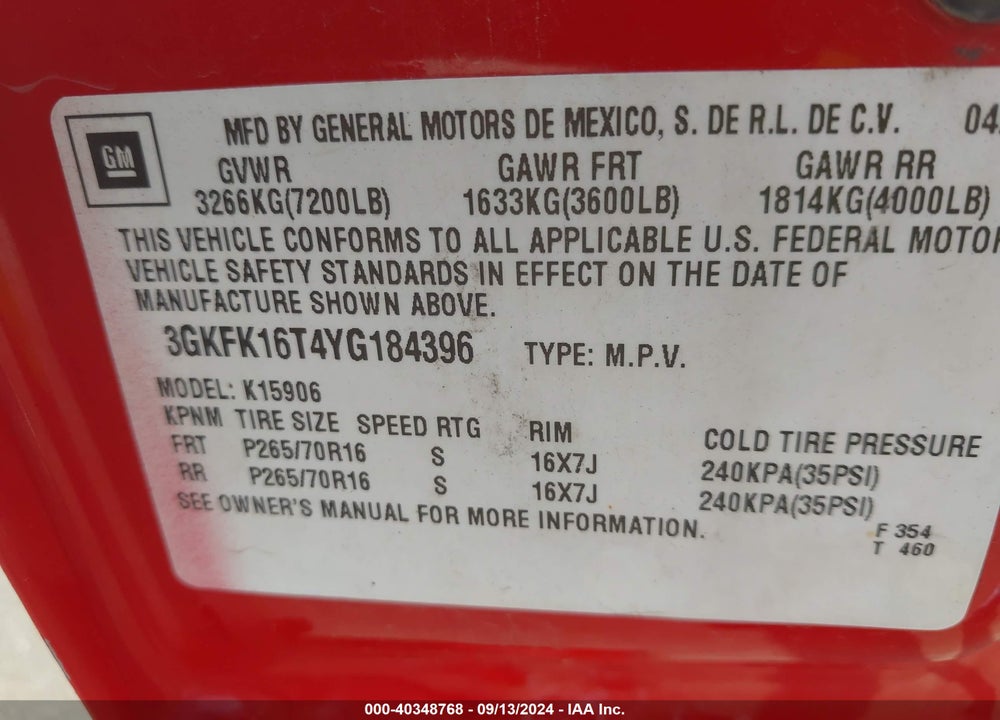 2000 GMC YUKON XL 1500 SLT VIN: 3GKFK16T4YG184396