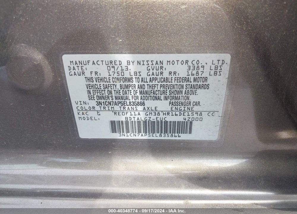 2014 NISSAN VERSA 1.6 SL VIN: 3N1CN7AP5EL835866