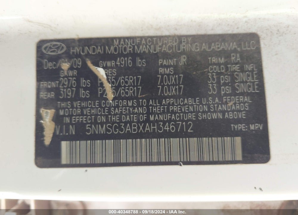 2010 HYUNDAI SANTA FE GLS VIN: 5NMSG3ABXAH346712