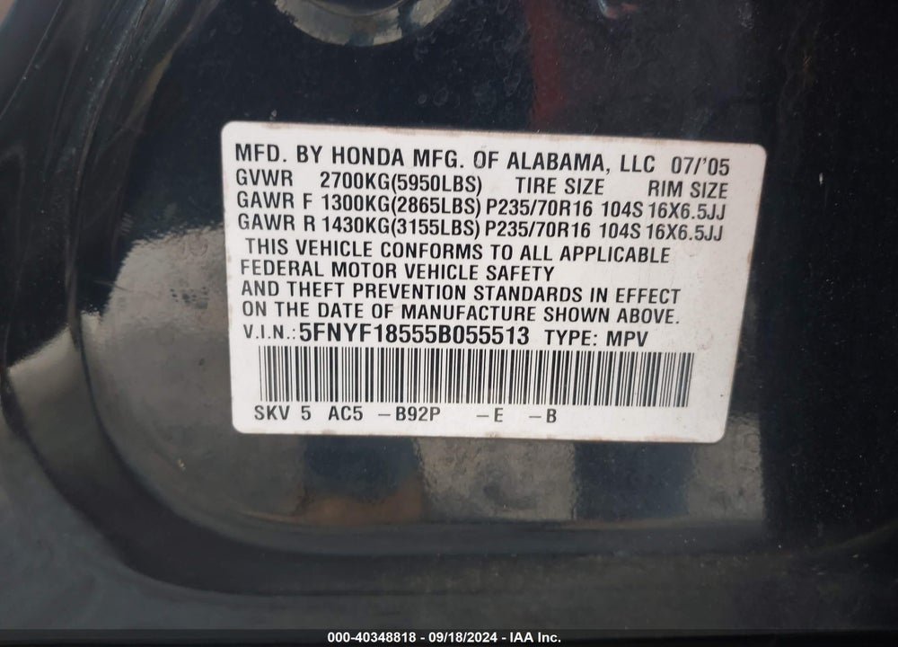 2005 HONDA PILOT EX-L VIN: 5FNYF18555B055513