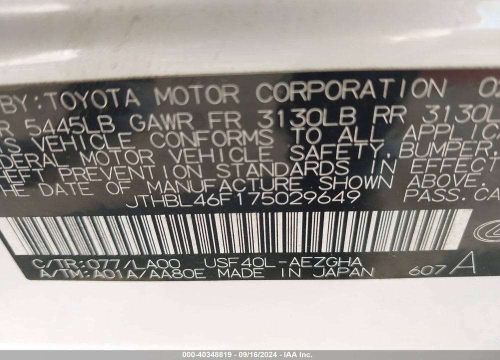 2007 LEXUS LS 460 VIN: JTHBL46F175029649