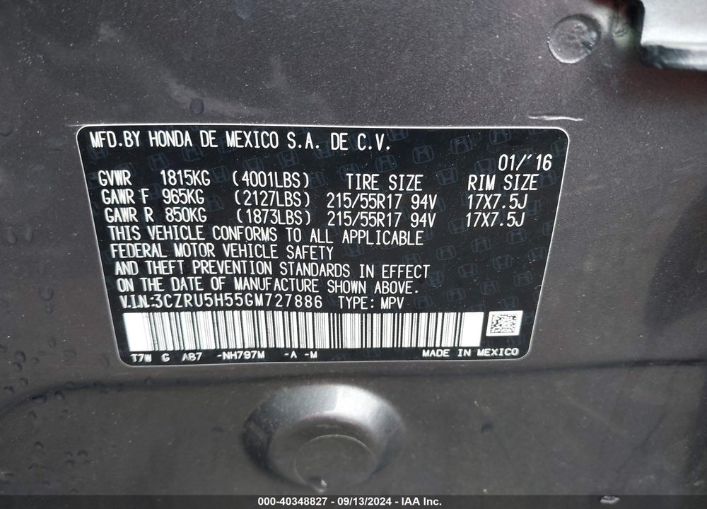 2016 HONDA HR-V EX VIN: 3CZRU5H55GM727886