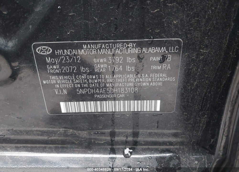 2013 HYUNDAI ELANTRA GLS VIN: 5NPDH4AE5DH183108