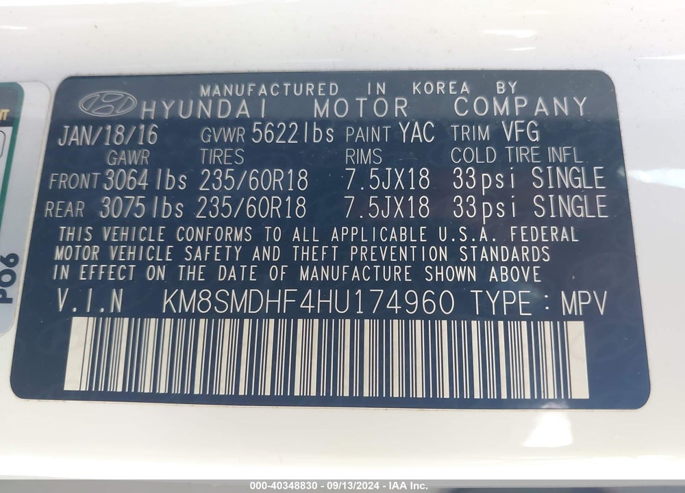 2017 HYUNDAI SANTA FE SE VIN: KM8SMDHF4HU174960