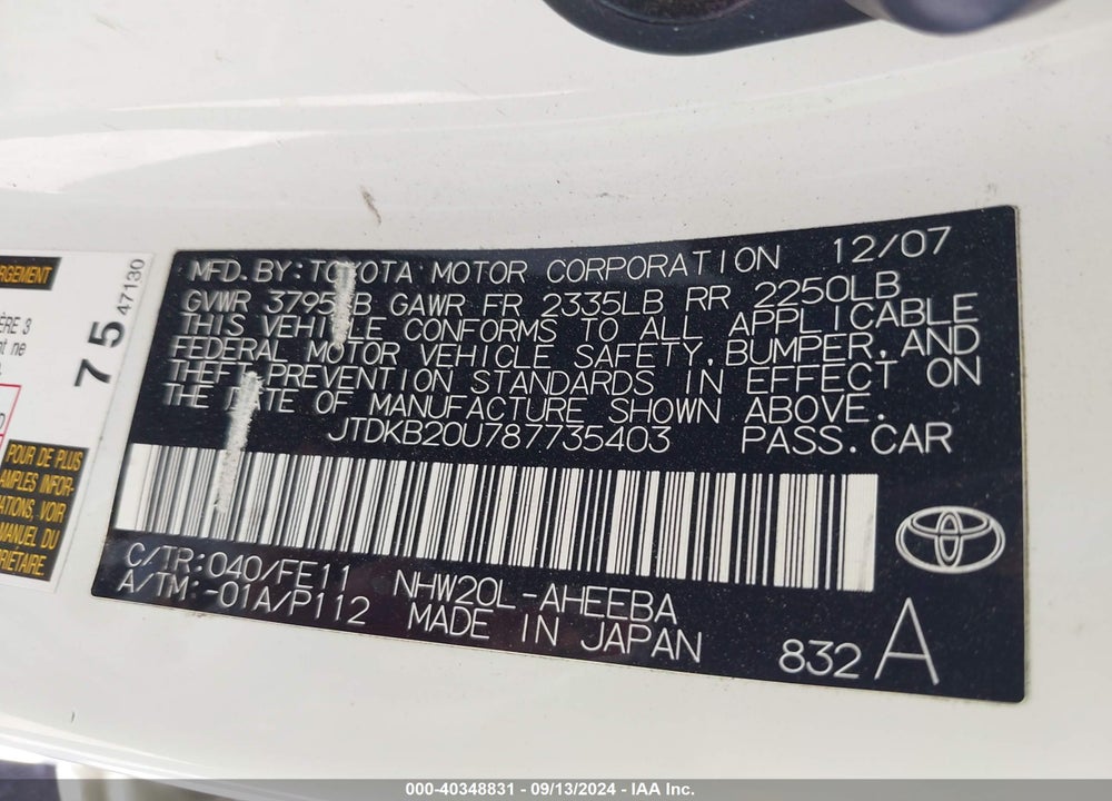 2008 TOYOTA PRIUS VIN: JTDKB20U787735403