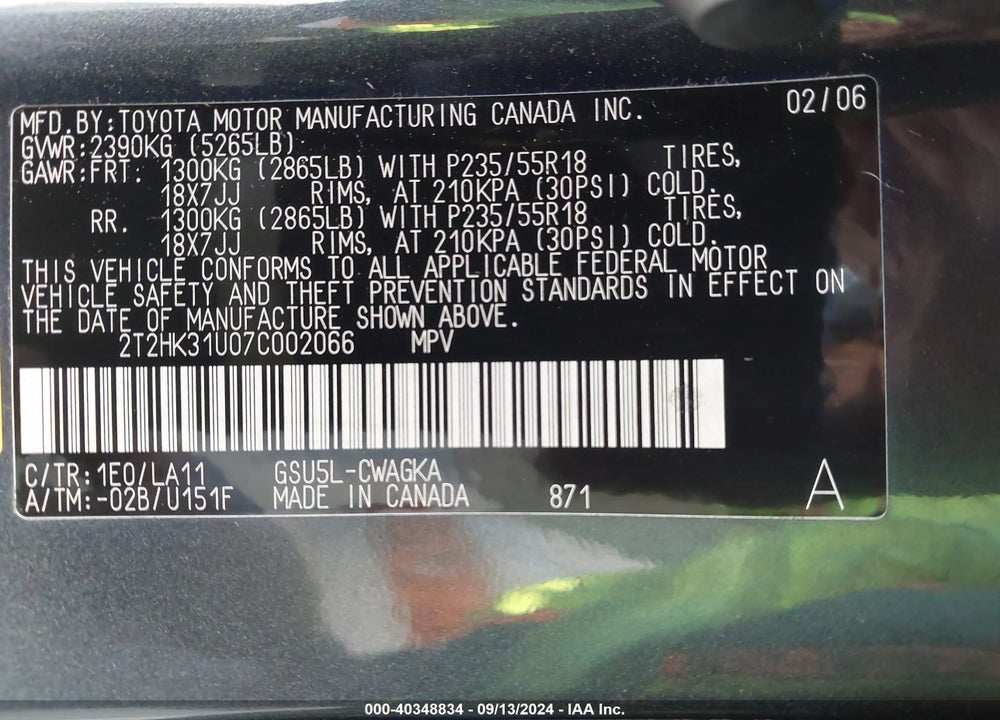 2007 LEXUS RX 350 VIN: 2T2HK31U07C002066